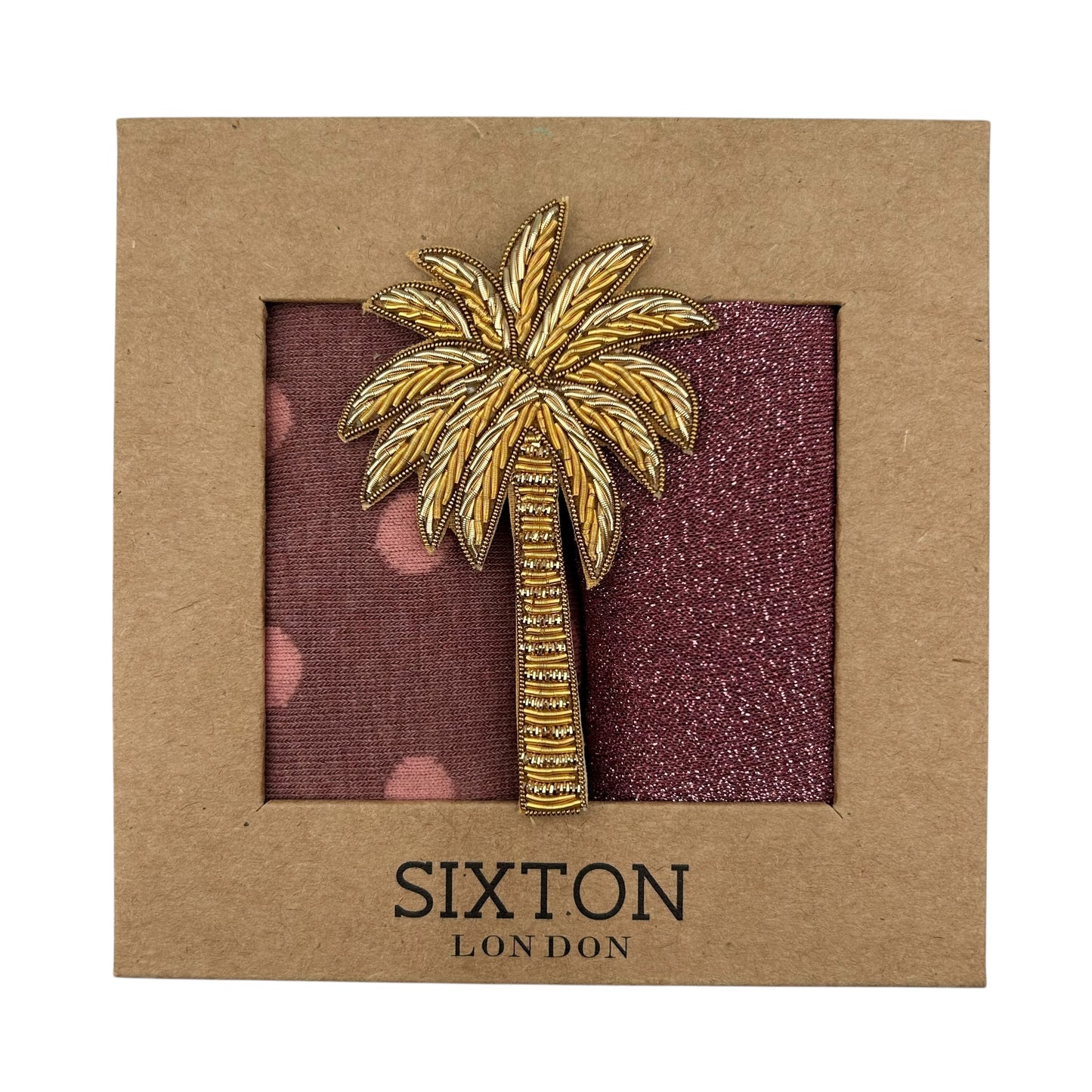 Pink Porto &  Rio sock box duo with an embroidered brooch