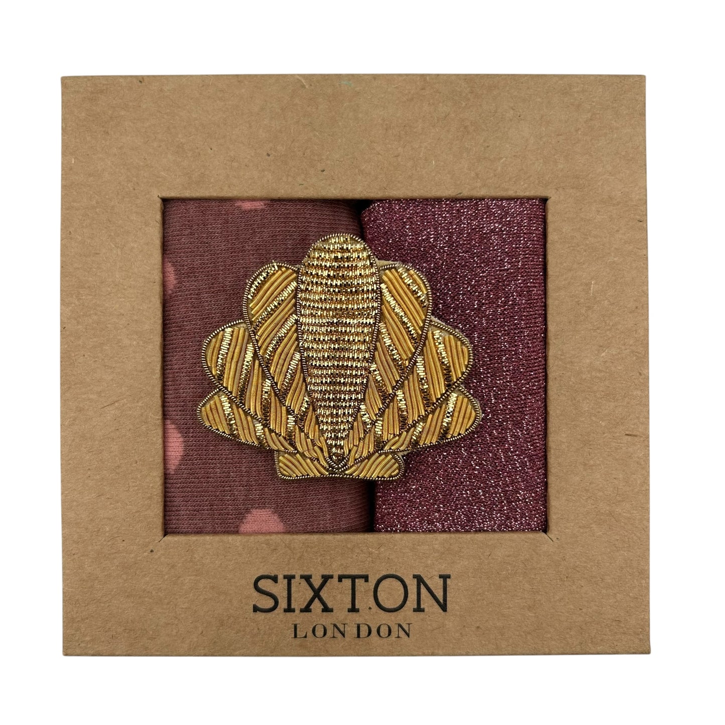 Pink Porto &  Rio sock box duo with an embroidered brooch