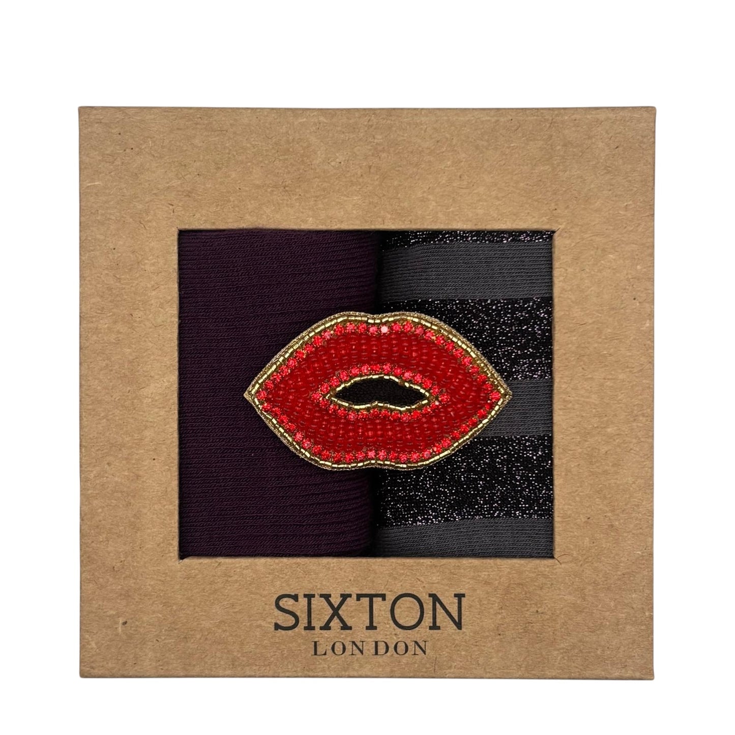 Purple Barcelona & Berlin sock box duo with embroidered brooch