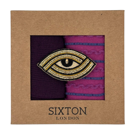 Purple Barcelona & Lyon sock box duo with embroidered brooch
