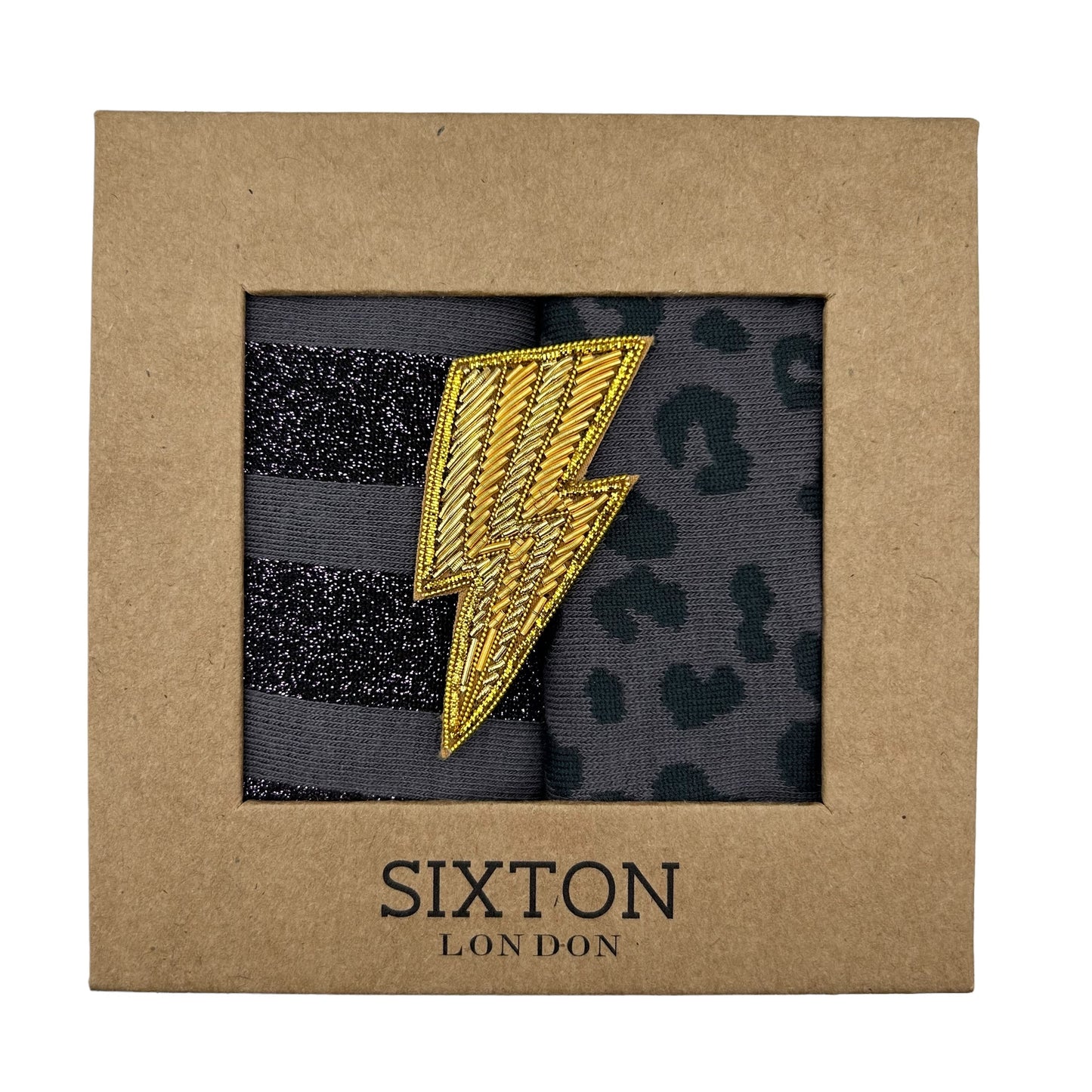 Charcoal Leopard & Purple Berlin sock box duo with pin