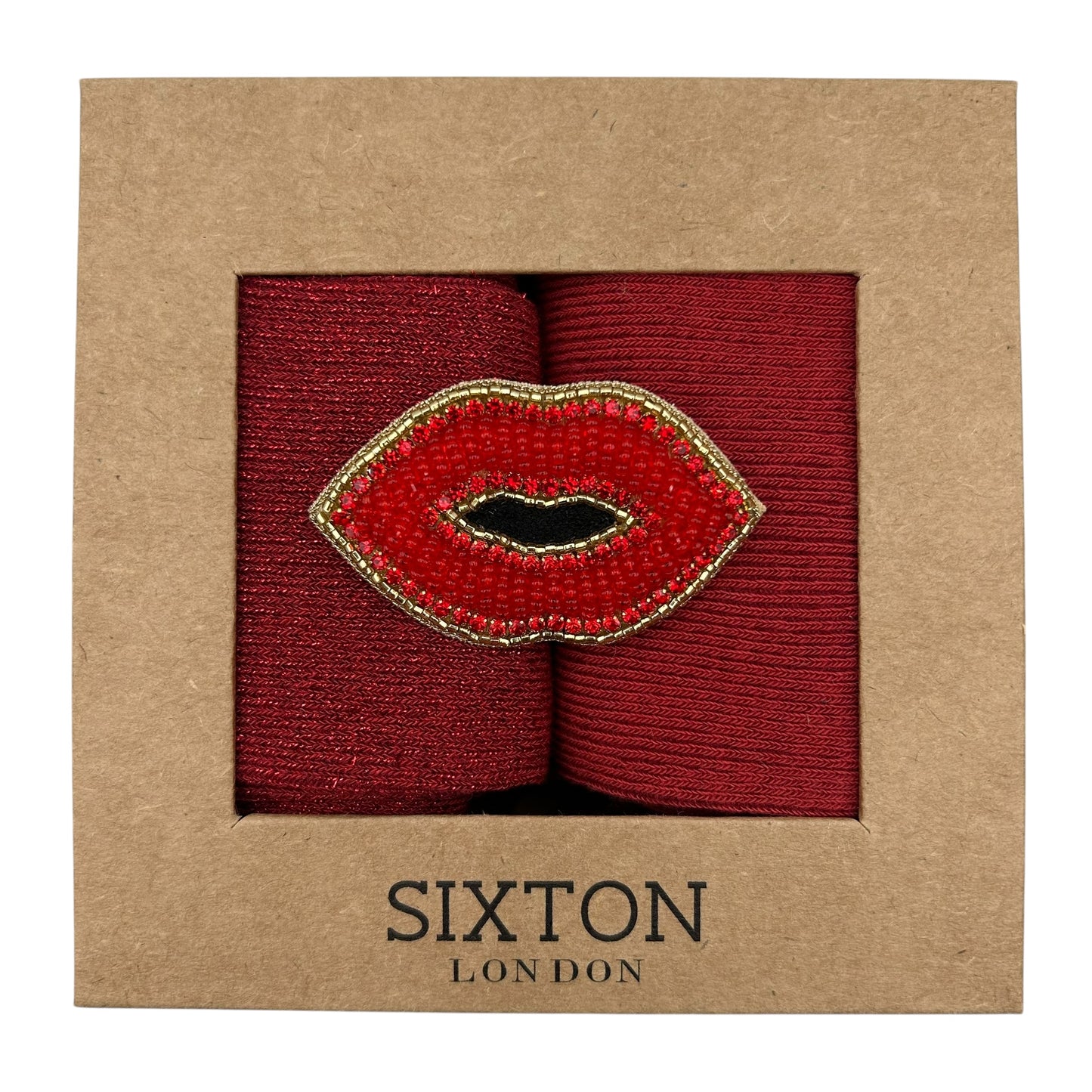 Red Vegas & Red Sienna sock box duo with embroidered brooch