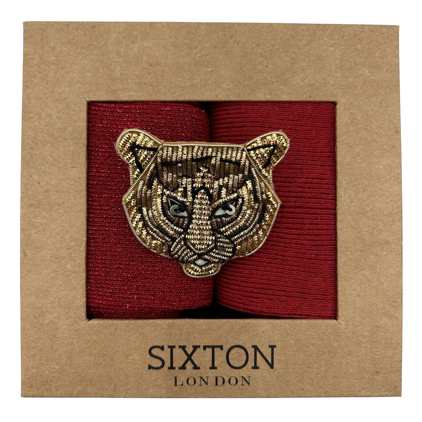 Red Vegas & Red Sienna sock box duo with embroidered brooch