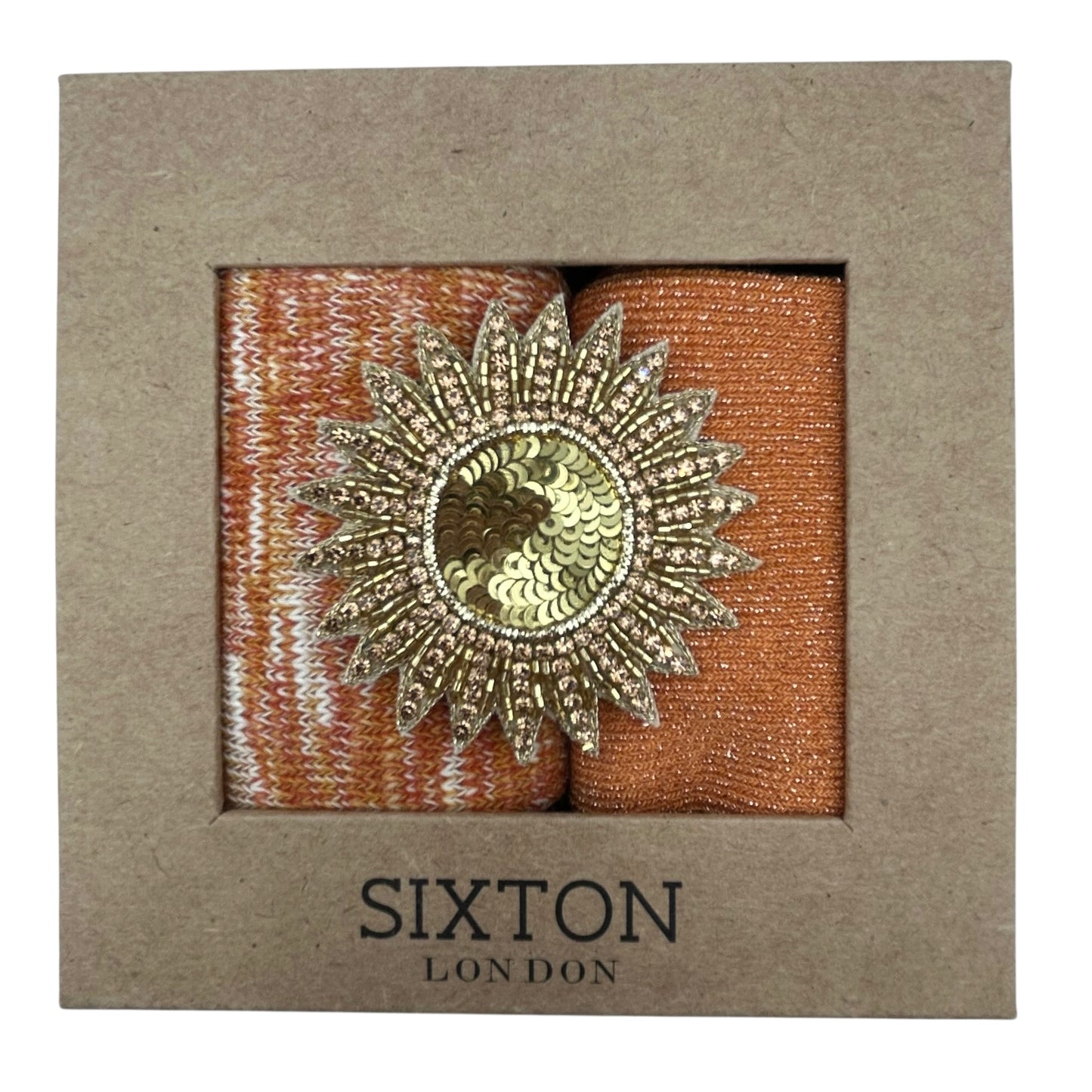 Rust Fargo & Orange Vegas sock box duo with embroidered brooch