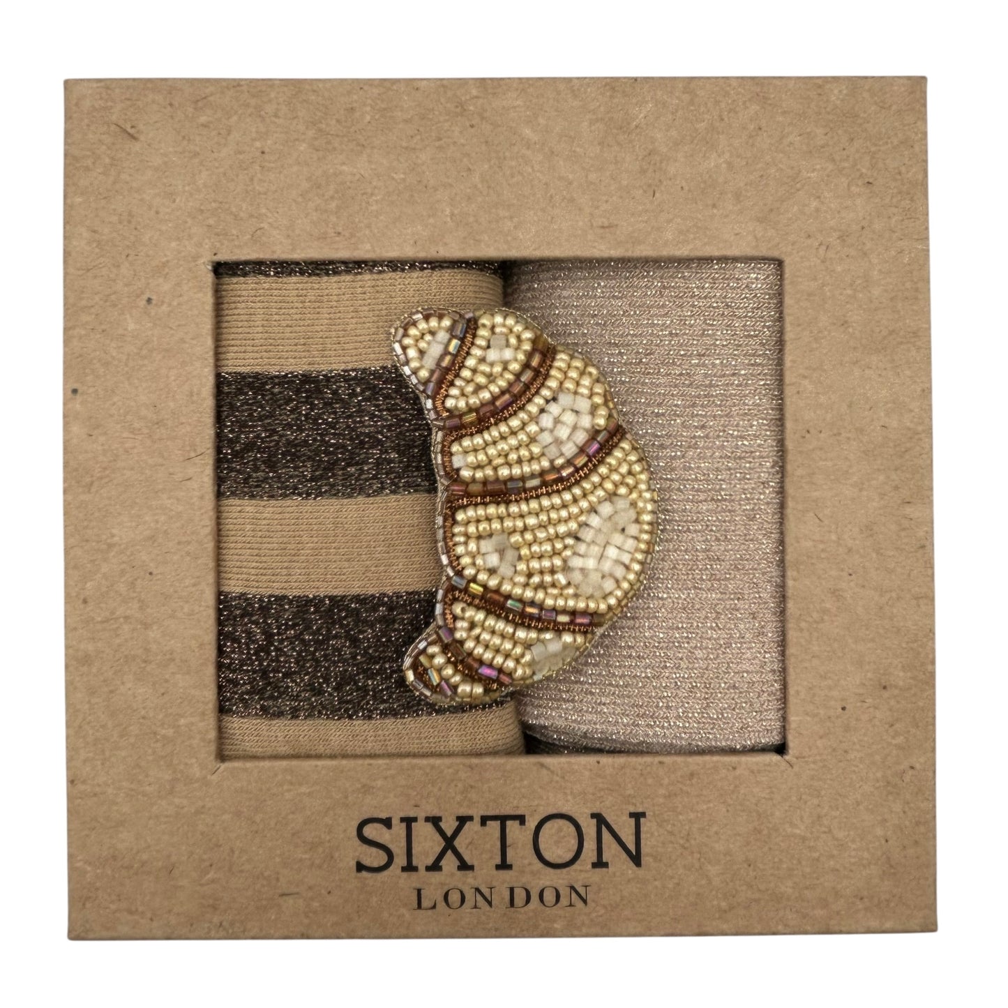 Sand Berlin & Champagne Vegas sock box duo with embroidered brooch