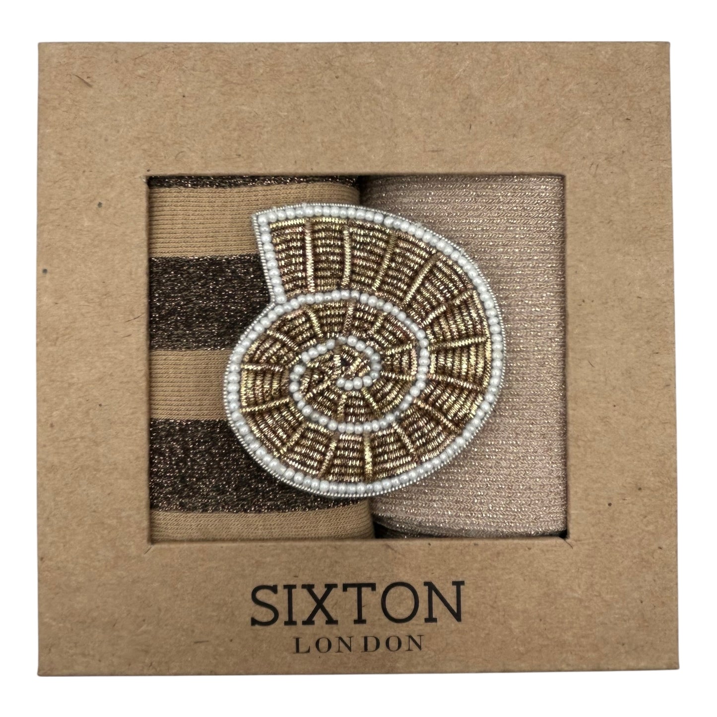 Sand Berlin & Champagne Vegas sock box duo with embroidered brooch