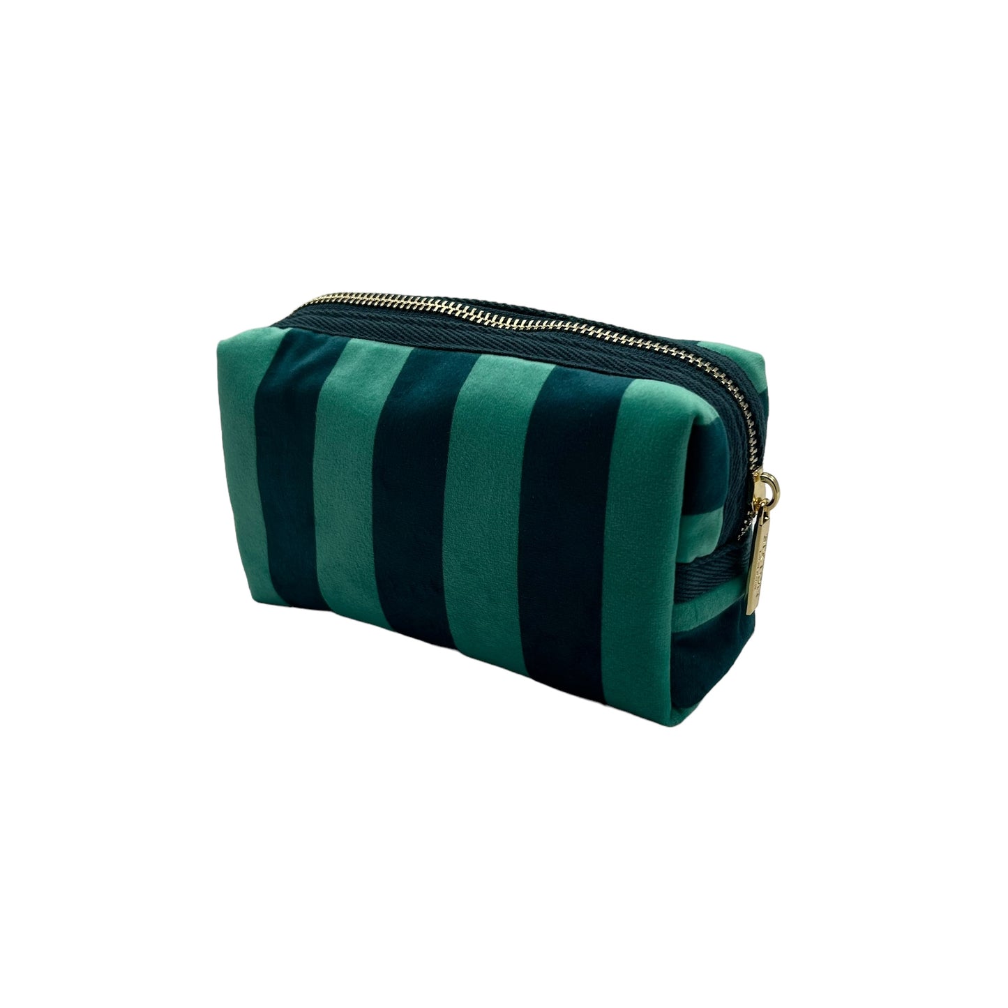 Teal stripe makeup bag with Linear Eye pin