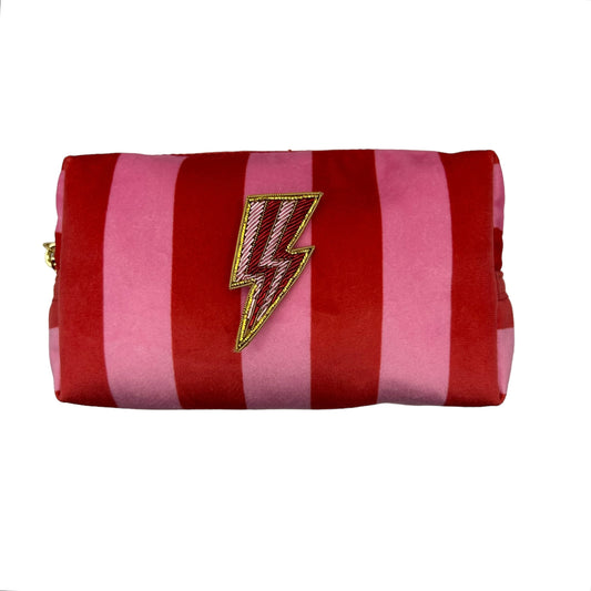 Pink stripe makeup bag with Pink Lightning Bolt brooch