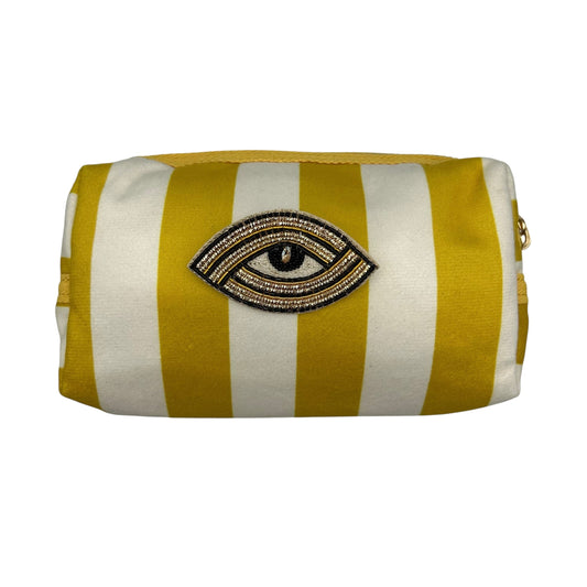 Yellow stripe makeup bag with Linear Eye Brooch