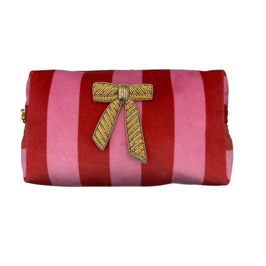 Pink stripe makeup bag with Bow brooch