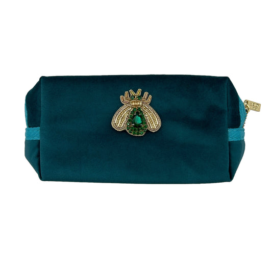 Teal makeup bag with Green Jewelled Insect brooch