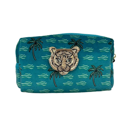 Teal palm makeup bag with Tiger Head brooch - recycled velvet