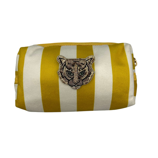Yellow stripe makeup bag with Tiger Head Brooch