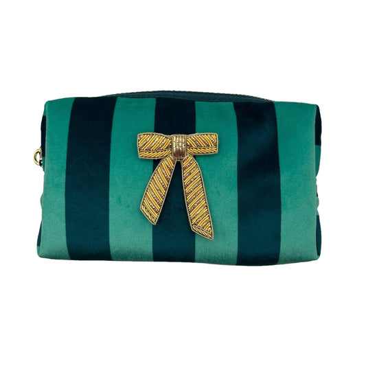 Teal stripe makeup bag with Gold Bow pin