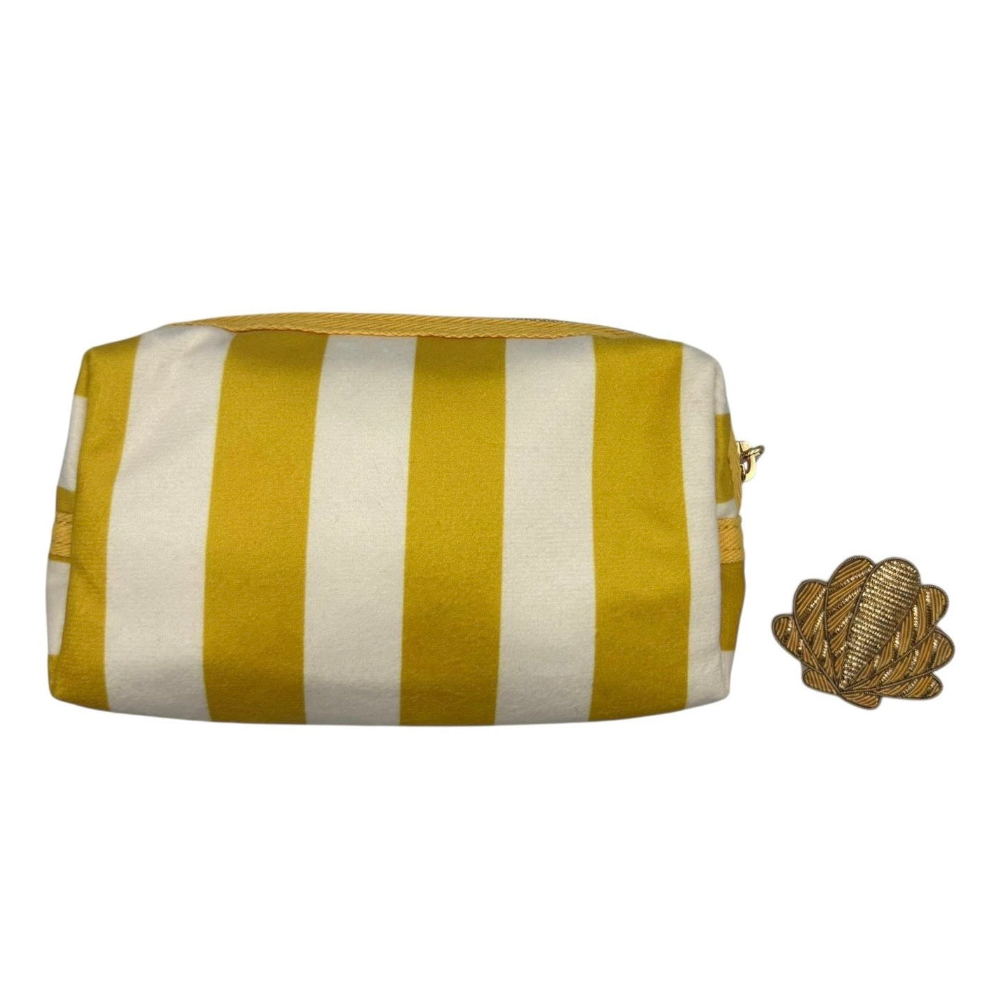 Yellow stripe makeup bag with Shell pin