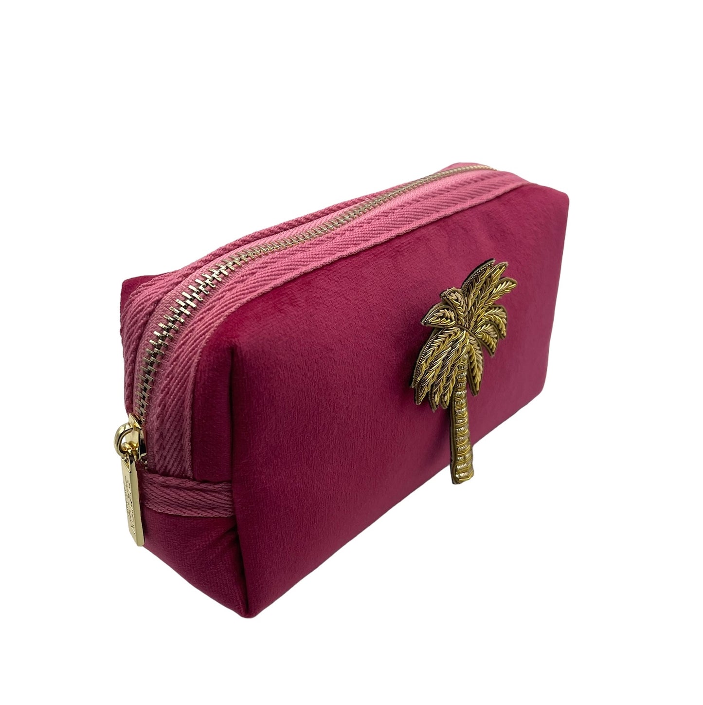Bright pink makeup bag with Palm Tree brooch