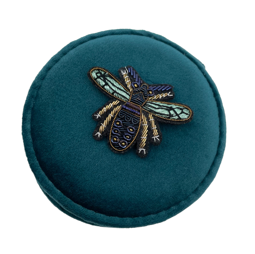 Jewellery Travel Pot in Teal recycled velvet, with Grand Insect